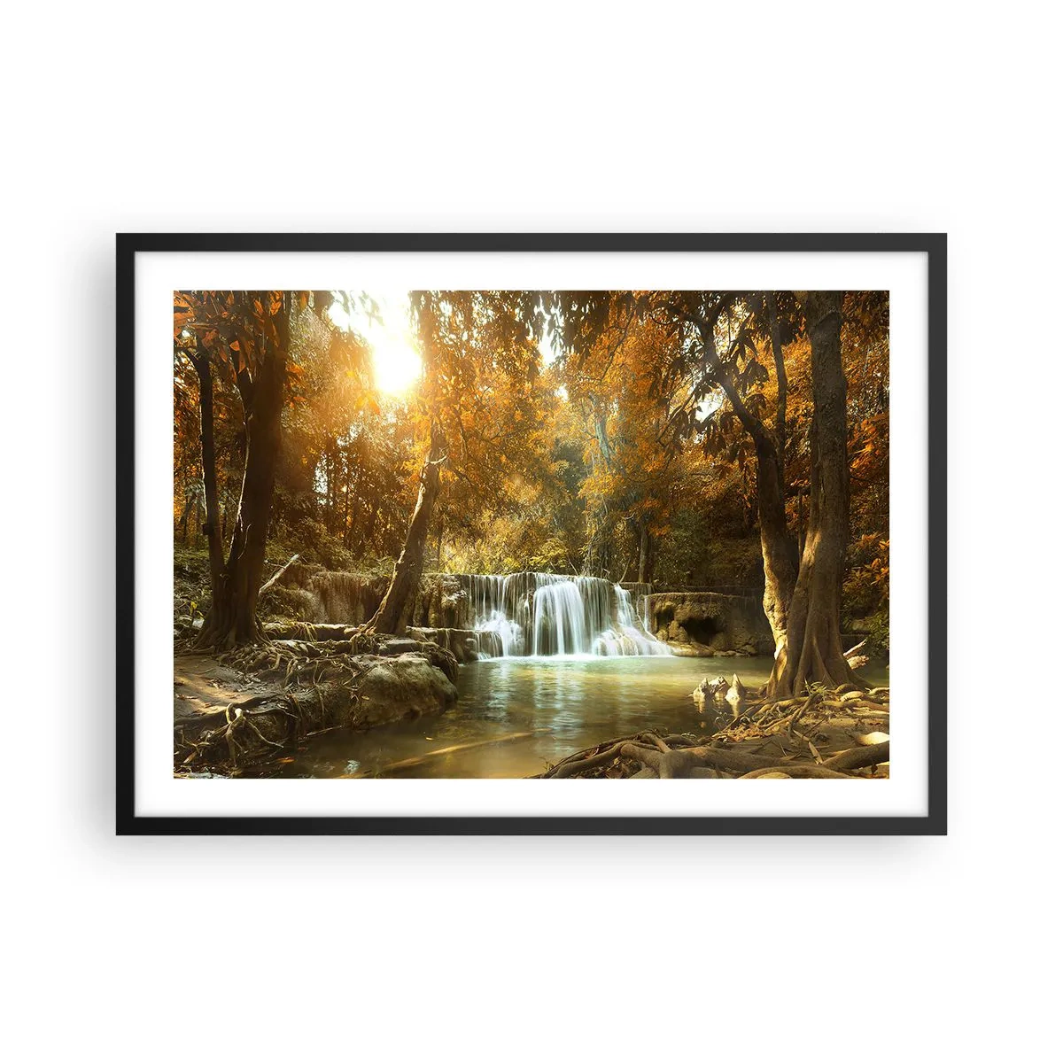 Poster in cornice nera - Paesaggio autunnale con cascata - 70x50cm - Cascata nel parco - Decorazione murale moderna per soggiorno e camera da letto ARTTOR