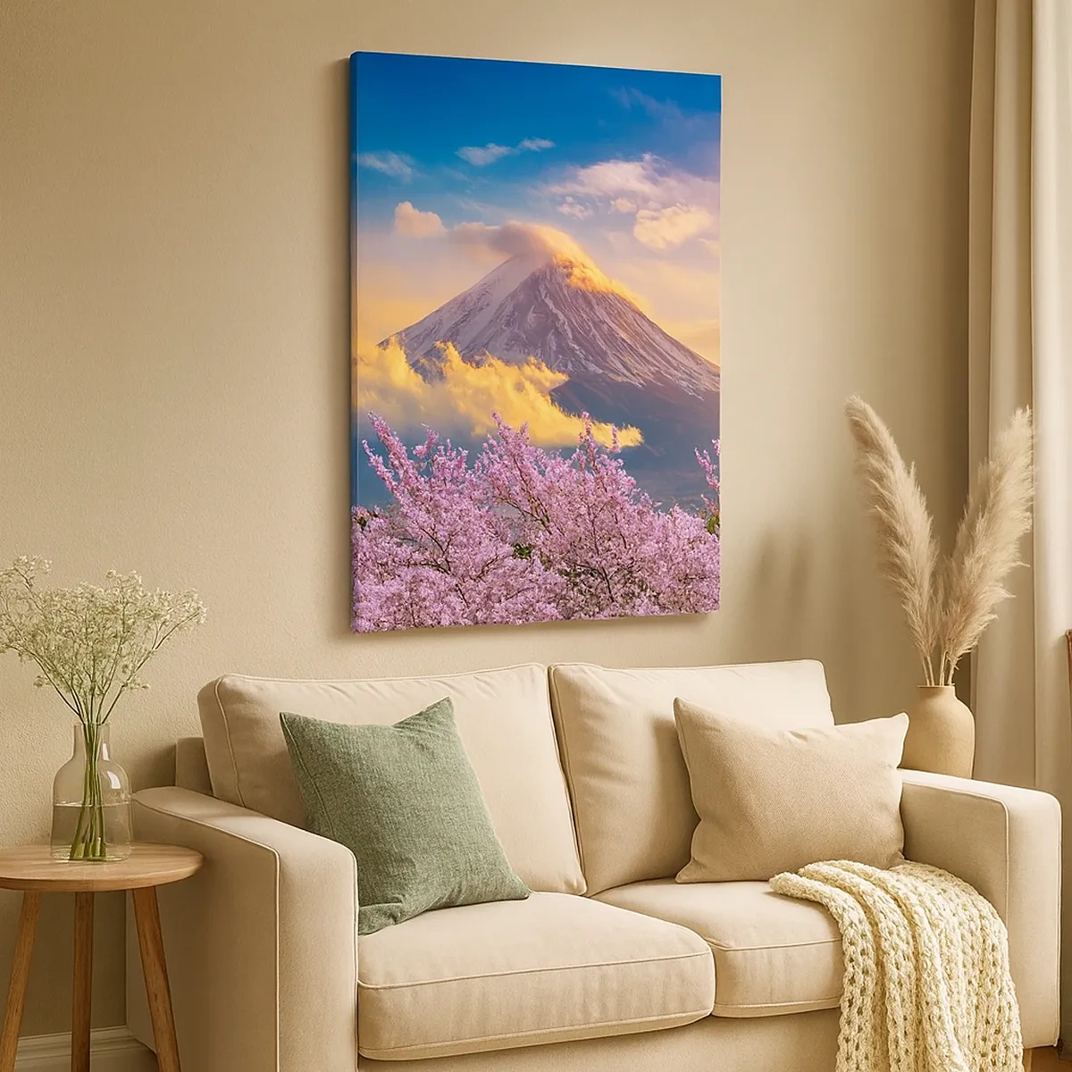 Quadro su tela - Stampe su Tela - Il monte Fuji con i fiori di ciliegio sullo sfondo al tramonto - 50x70cm - Sacralità giapponese - Decorazione murale moderna per soggiorno e camera da letto ARTTOR