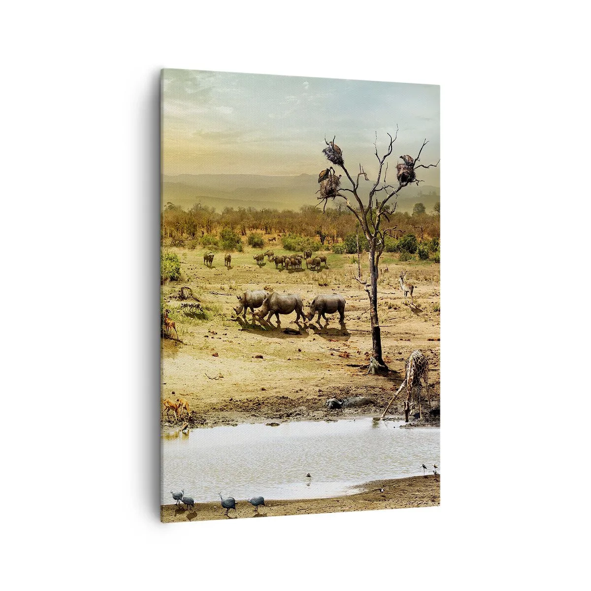 Quadro su tela - Stampe su Tela - Elefanti e animali selvatici in una pozza d'acqua al tramonto - 70x100cm - "Un fiume usciva da Eden…" - Decorazione murale moderna per soggiorno e camera da letto ARTTOR
