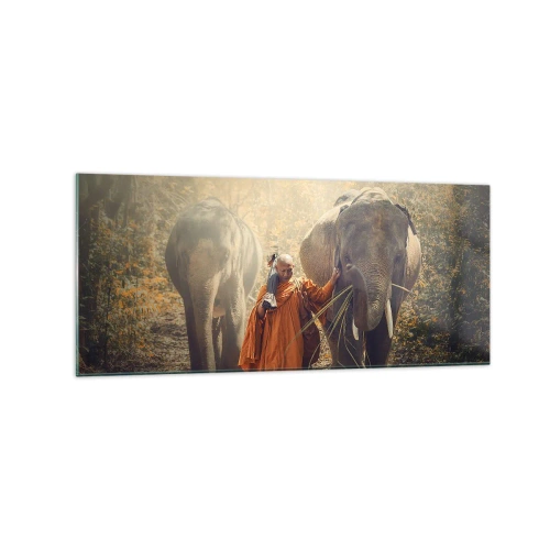 Quadro su vetro - Un monaco con una tunica arancione guida un elefante nella foresta. - 120x50cm - Comprensione perfetta - Decorazione murale moderna per soggiorno e camera da letto ARTTOR