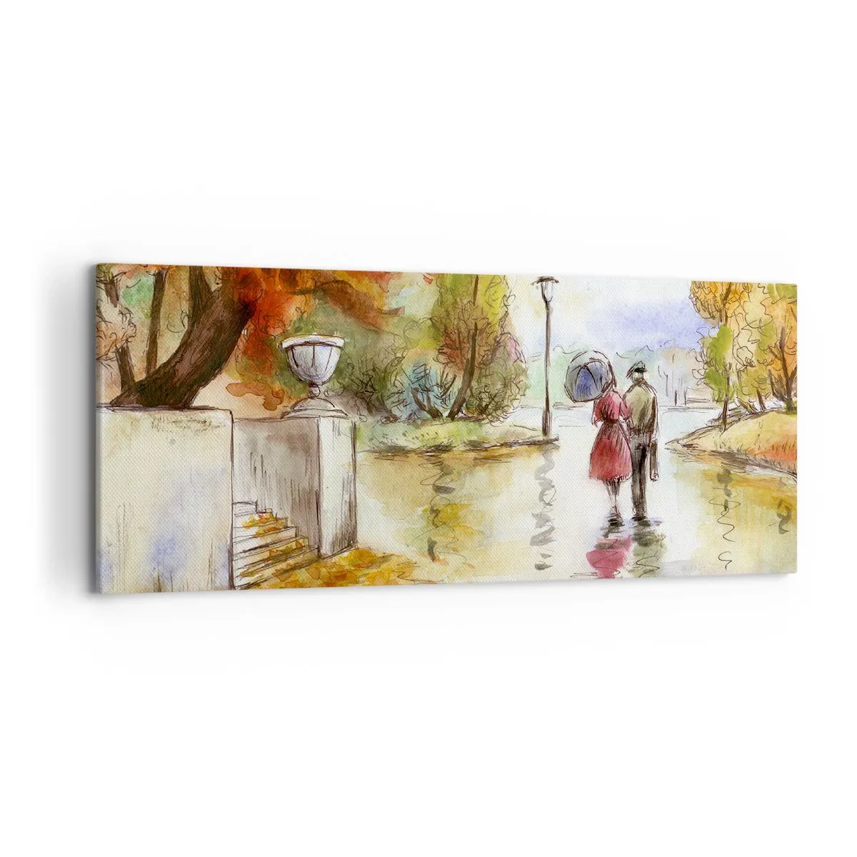 Quadro su tela - Stampe su Tela - Una passeggiata nel parco autunnale con l'ombrello - 120x50cm - Autunno romantico nel parco - Decorazione murale moderna per soggiorno e camera da letto ARTTOR
