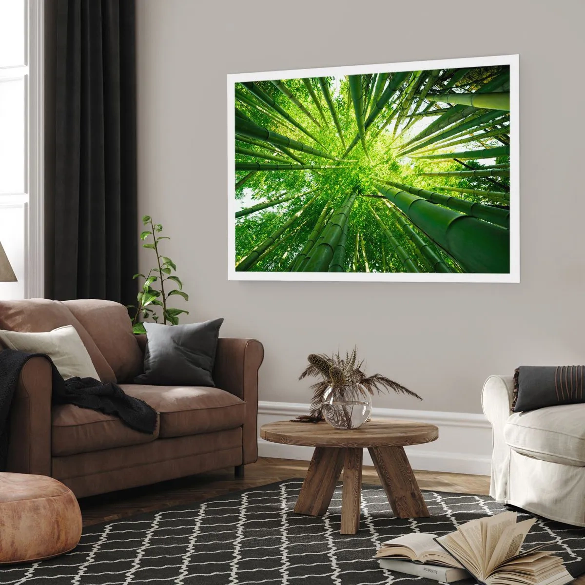 Poster - Vista attraverso un boschetto di bambù verde - 100x70cm - Nella foresta di bambù - Decorazione murale moderna per soggiorno e camera da letto ARTTOR