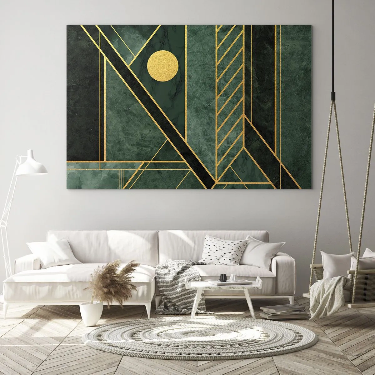 Quadro su vetro - Astrazione geometrica verde e oro in stile Art Déco - 120x80cm - Dinamica di oro e azzurro - Decorazione murale moderna per soggiorno e camera da letto ARTTOR
