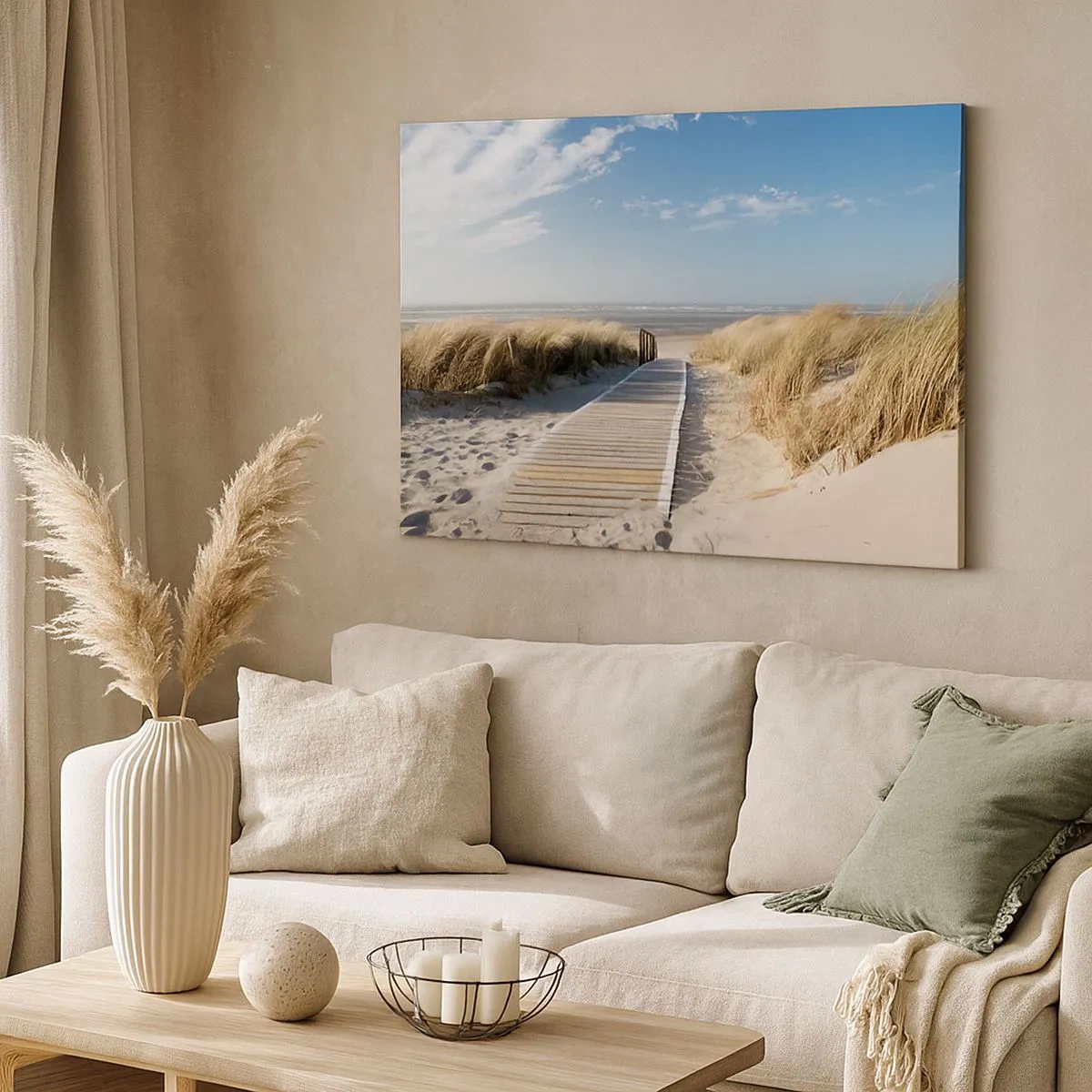 Quadro su tela - Stampe su Tela - Un sentiero di legno conduce attraverso le dune fino al mare calmo - 70x50cm - Dopo la duna, nel fruscio dell'erba - Decorazione murale moderna per soggiorno e camera da letto ARTTOR