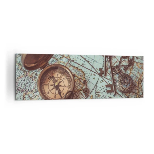Quadro su tela - Stampe su Tela - Composizione con bussola, chiavi e una vecchia mappa in stile retrò - 160x50cm - Per il cercatore di avventure - Decorazione murale moderna per soggiorno e camera da letto ARTTOR
