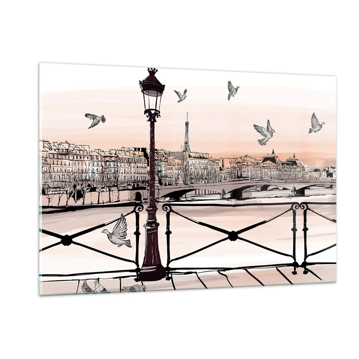 Quadro su vetro - Illustrazione di una strada parigina con vista sulla Torre Eiffel all'alba - 120x80cm - Sui tetti di Parigi - Decorazione murale moderna per soggiorno e camera da letto ARTTOR