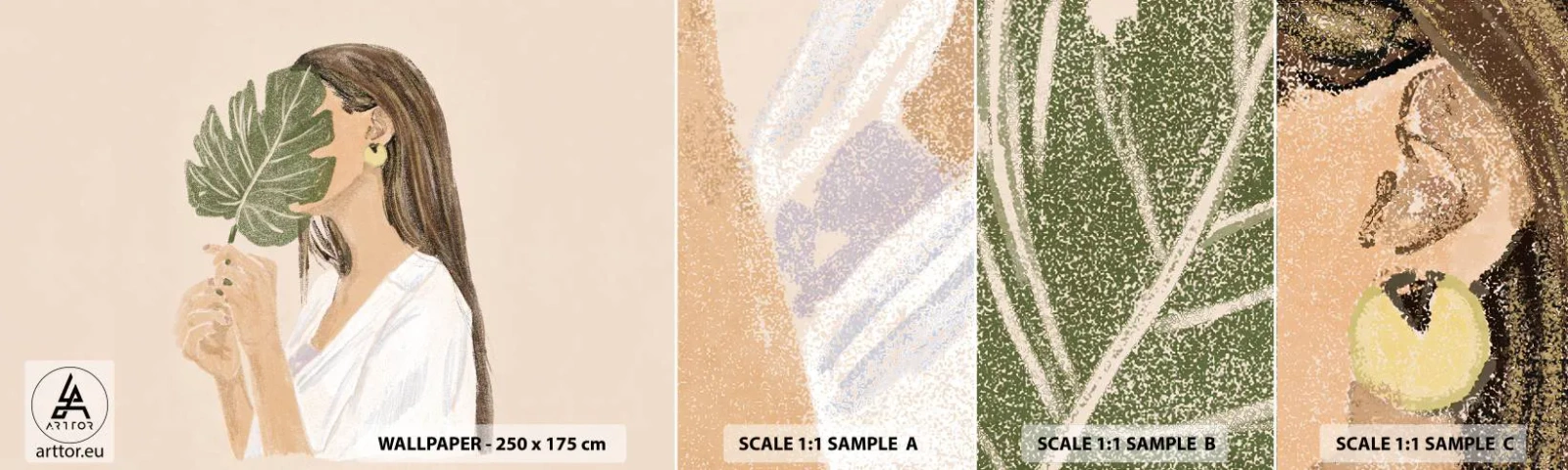 Campione Di Fotomurale Standard Eco - Misterioso ritratto con ventaglio - Foglia, Donna, Boho - 100x30 cm