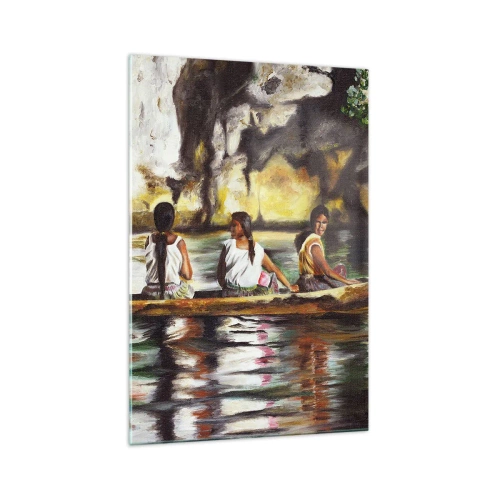 Quadro su vetro - Donne in barca su un fiume calmo con uno sfondo pittoresco - 70x100cm - Nel paradiso della Polinesia - Decorazione murale moderna per soggiorno e camera da letto ARTTOR