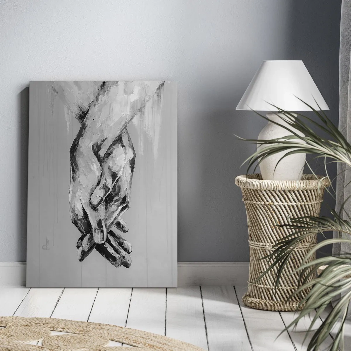 Quadro su tela - Stampe su Tela - Composizione in bianco e nero di due mani giunte su uno sfondo chiaro. - 50x70cm - Inizio... - Decorazione murale moderna per soggiorno e camera da letto ARTTOR