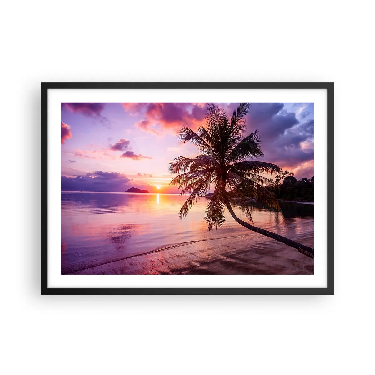 Poster in cornice nera - Spiaggia tropicale con palme al tramonto - 70x50cm - Beatitudine a perdita d'occhio - Decorazione murale moderna per soggiorno e camera da letto ARTTOR