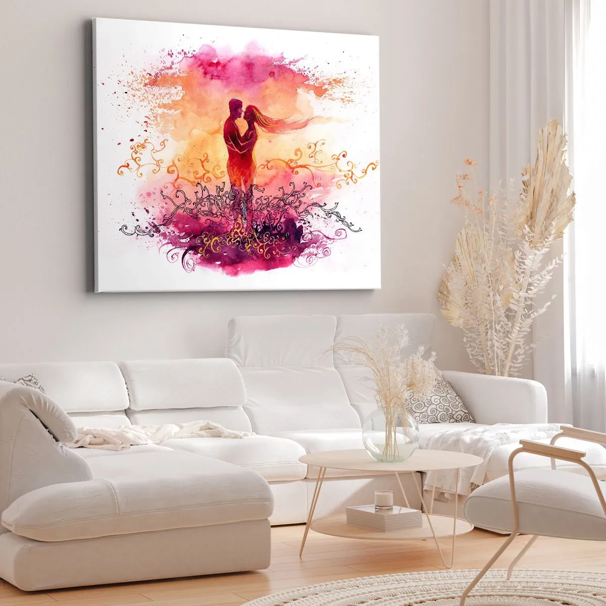 Quadro su tela - Stampe su Tela - Una coppia abbracciata su uno sfondo astratto rosa e arancione - 120x80cm - Un unico cuore! Mi basta così poco... - Decorazione murale moderna per soggiorno e camera da letto ARTTOR