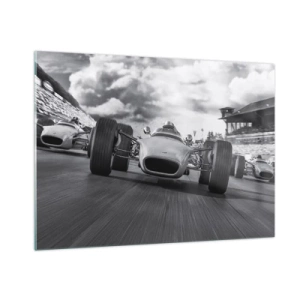 Quadro su vetro - Gara di auto d'epoca su una pista in bianco e nero - 100x70cm - C'è la forza! - Decorazione murale moderna per soggiorno e camera da letto ARTTOR