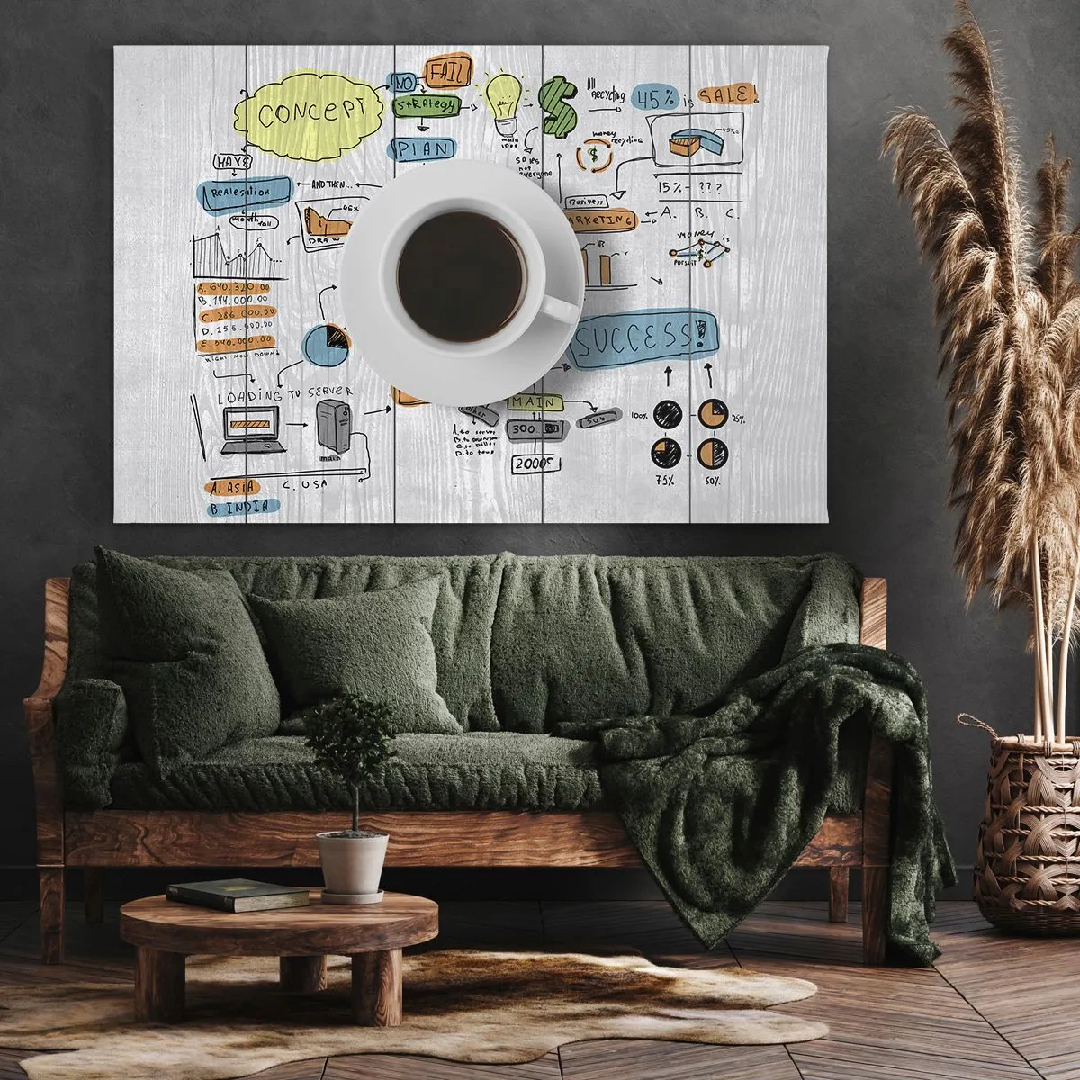 Quadro su tela - Stampe su Tela - Una tazza di caffè sullo sfondo di un disegno concettuale - 120x80cm - Un momento di pausa - Decorazione murale moderna per soggiorno e camera da letto ARTTOR