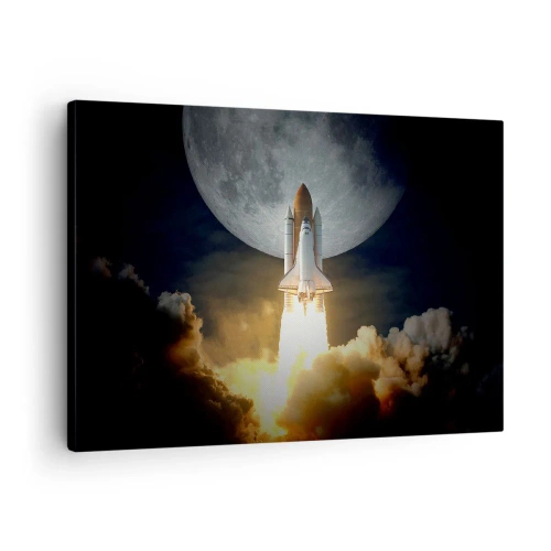Quadro su tela - Stampe su Tela - Un razzo che decolla sullo sfondo della luna piena circondata da nuvole dinamiche. - 70x50cm - L'inizio di un'avventura spaziale - Decorazione murale moderna per soggiorno e camera da letto ARTTOR