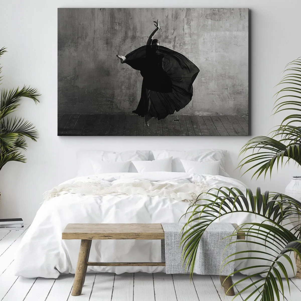 Quadro su tela - Stampe su Tela - Silhouette in bianco e nero di una ballerina in movimento su uno sfondo di muro - 100x70cm - Fasce piene di passione - Decorazione murale moderna per soggiorno e camera da letto ARTTOR