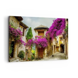 Quadro su tela - Stampe su Tela - Una strada di pietra con fiori rosa e case - 100x70cm - Sotto un baldacchino di fiori - Decorazione murale moderna per soggiorno e camera da letto ARTTOR