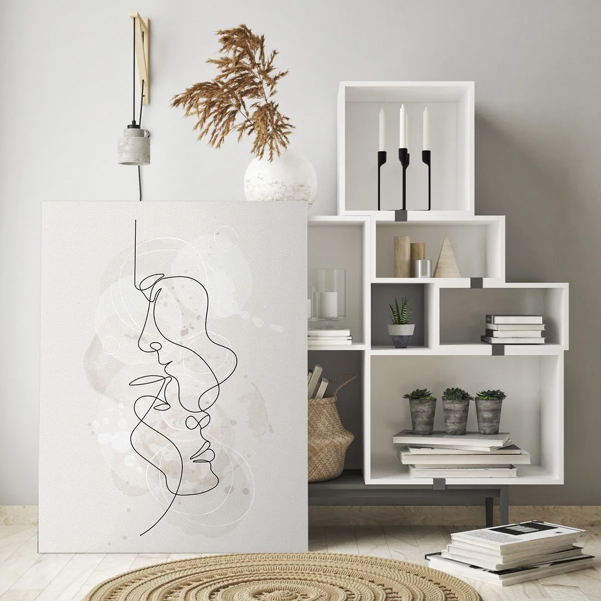 Quadro su vetro - Contorno astratto di due volti su uno sfondo chiaro - 80x120cm - Intrecciati in un abbraccio - Decorazione murale moderna per soggiorno e camera da letto ARTTOR