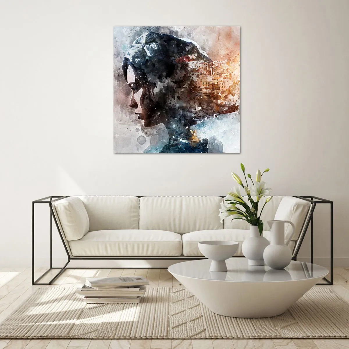 Quadro su vetro - Racconto su una ragazza con città sullo sfondo - 30x30 cm