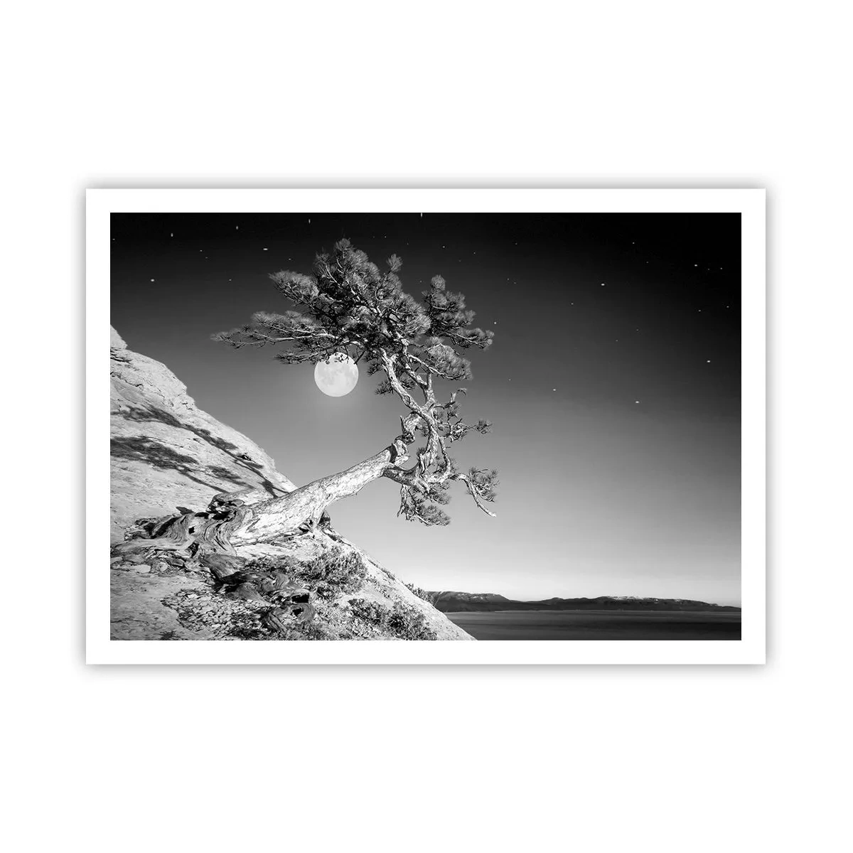 Poster - Albero bianco e nero su una scogliera con la luna sullo sfondo - 100x70cm - Guerriera vittoriosa  - Decorazione murale moderna per soggiorno e camera da letto ARTTOR