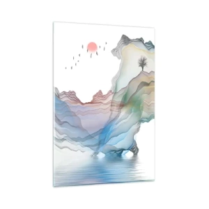 Quadro su vetro - Un paesaggio delicato con montagne, acqua e una barca - 80x120cm - Verso i monti di cristallo - Decorazione murale moderna per soggiorno e camera da letto ARTTOR