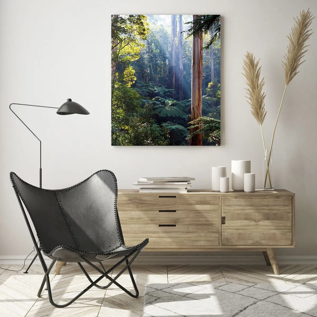 Quadro su vetro - Foresta tropicale verde con raggi di sole - 50x70cm - La favola del bosco - Decorazione murale moderna per soggiorno e camera da letto ARTTOR