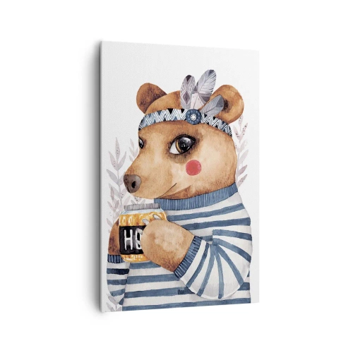 Quadro su tela - Stampe su Tela - Un orsacchiotto con un maglione a righe con una tazza di miele - 80x120cm - Dolce orsetto - Decorazione murale moderna per soggiorno e camera da letto ARTTOR