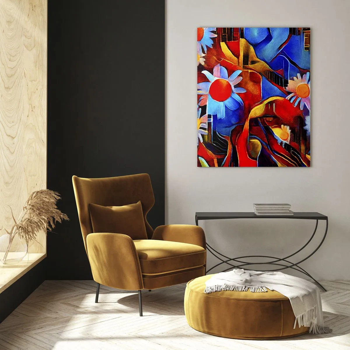 Quadro su vetro - Fiori astratti colorati su uno sfondo di colori intensi - 50x70cm - I colori della vita - Decorazione murale moderna per soggiorno e camera da letto ARTTOR