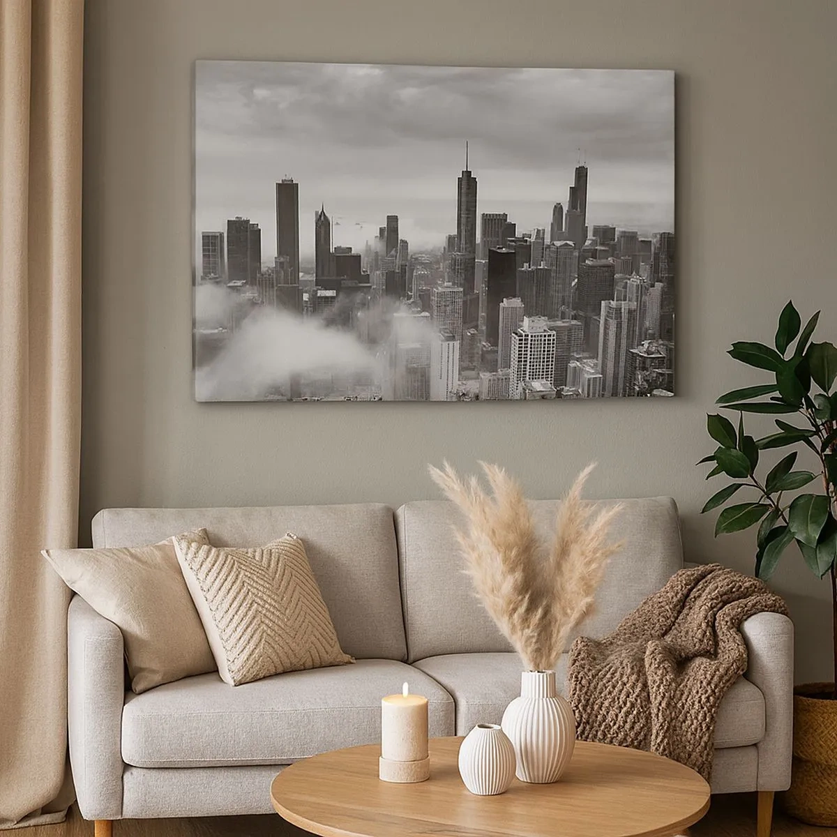 Quadro su tela - Stampe su Tela - Panorama della città con grattacieli tra le nuvole in bianco e nero - 70x50cm - Paesaggio americano - Decorazione murale moderna per soggiorno e camera da letto ARTTOR