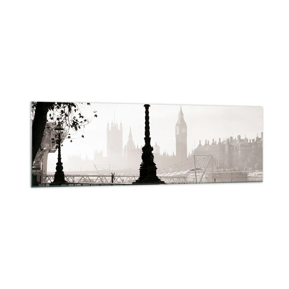 Quadro su vetro - Una vista monocromatica del Big Ben e del Tamigi. - 160x50cm - Un mattino a Londra - Decorazione murale moderna per soggiorno e camera da letto ARTTOR