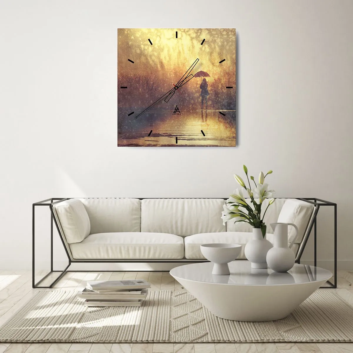 Orologio da parete - Orologio in Vetro - Una figura con un ombrello in un paesaggio nebbioso pieno di riflessi - 30x30cm - Sento che qualcuno mi guarda - Decorazione murale moderna per soggiorno e camera da letto ARTTOR