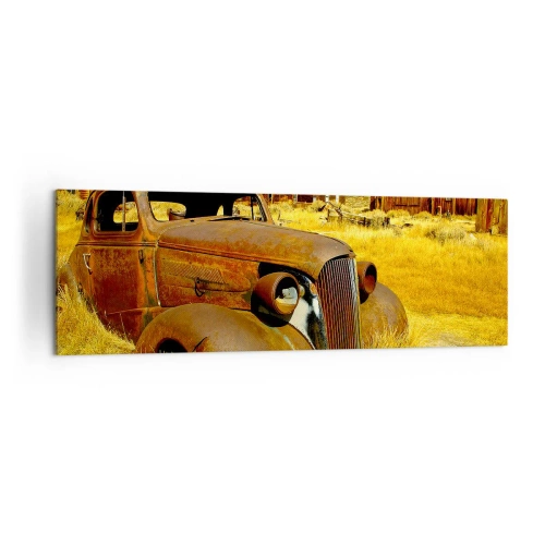 Quadro su tela - Stampe su Tela - Una vecchia macchina arrugginita sullo sfondo di capanne di legno abbandonate - 160x50cm - Meritato riposo - Decorazione murale moderna per soggiorno e camera da letto ARTTOR