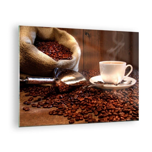 Quadro su vetro - Una tazza di caffè su uno sfondo di chicchi e un sacco di iuta - 70x50cm - Senti questo odore? - Decorazione murale moderna per soggiorno e camera da letto ARTTOR