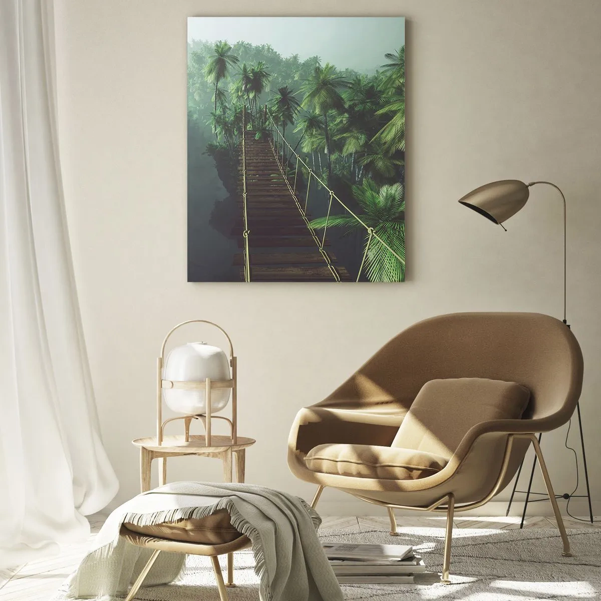 Quadro su vetro - Un ponte sospeso in una foresta tropicale circondato dalla nebbia. - 70x100cm - Nel vortice del verde - Decorazione murale moderna per soggiorno e camera da letto ARTTOR