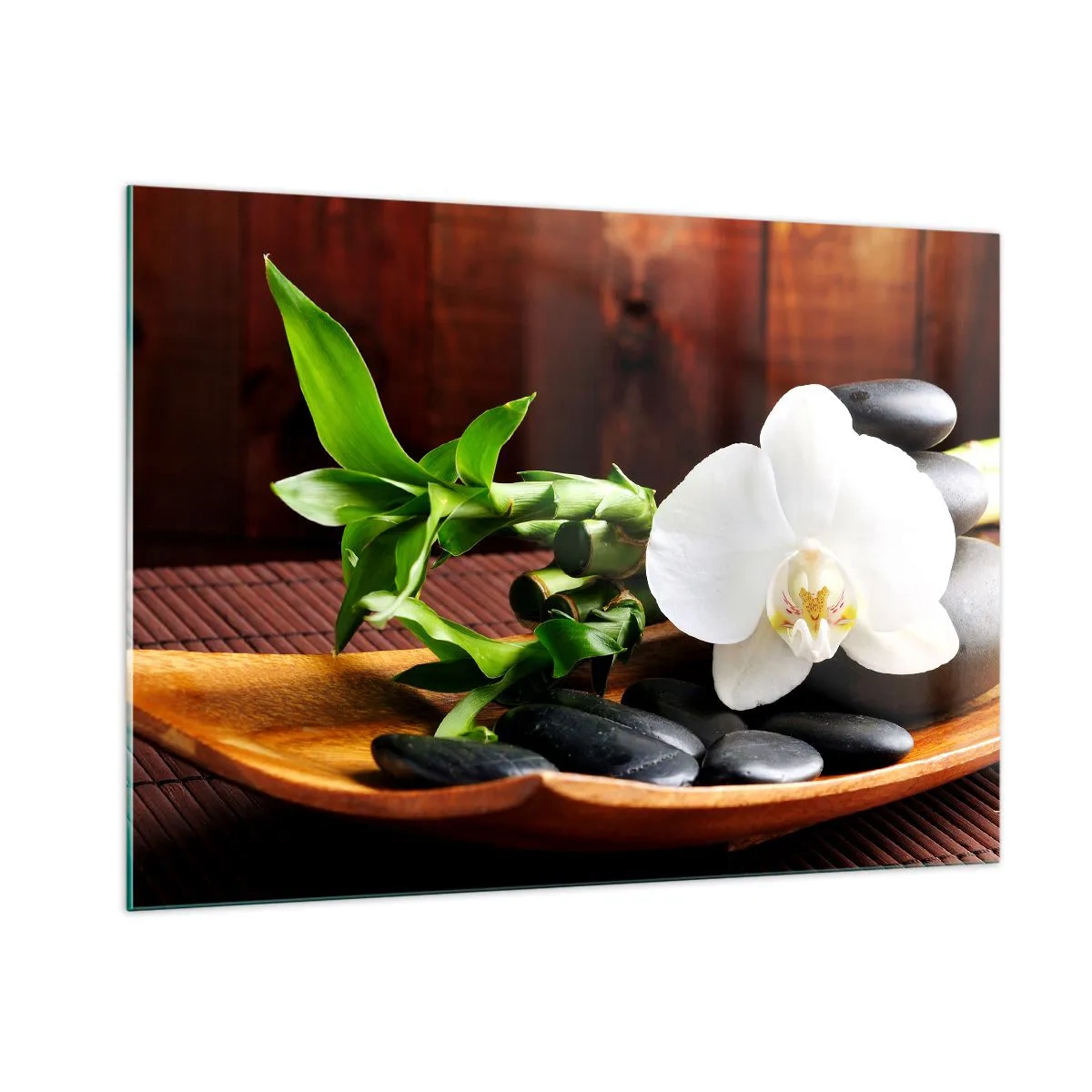 Quadro su vetro - Orchidea bianca su pietre nere e bambù in una ciotola di legno - 100x70cm - Lasciati toccare dalla natura - Decorazione murale moderna per soggiorno e camera da letto ARTTOR
