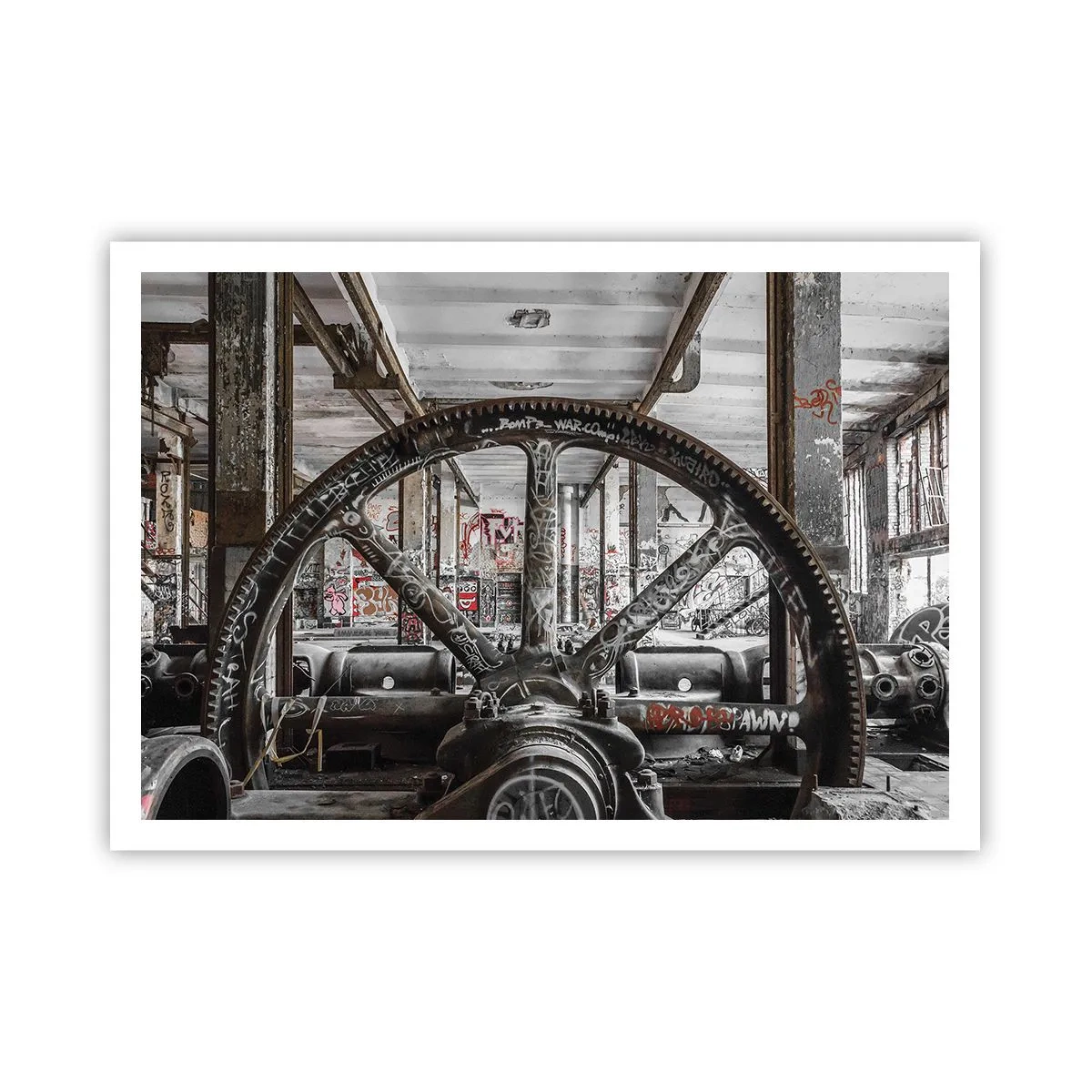 Poster - Un vecchio meccanismo in un interno industriale abbandonato - 100x70cm - La vita segreta della fabbrica - Decorazione murale moderna per soggiorno e camera da letto ARTTOR