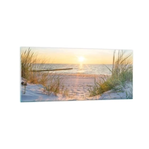 Quadro su vetro - Una spiaggia sabbiosa con vista sul tramonto sul mare - 120x50cm - Rumore del mare, uccelli che cantano, spiaggia selvatica tra i cespugli... - Decorazione murale moderna per soggiorno e camera da letto ARTTOR