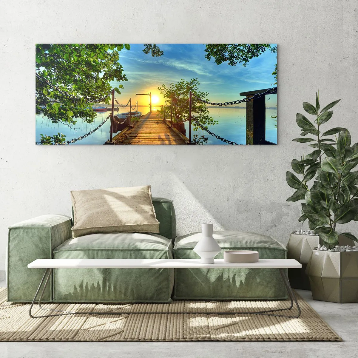 Quadro su vetro - Un molo sul lago sotto i raggi del tramonto - 140x50cm - Tramonto sul lago - Decorazione murale moderna per soggiorno e camera da letto ARTTOR