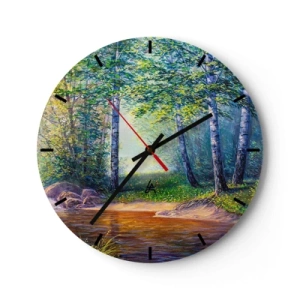 Orologio da parete - Orologio in Vetro - Una pittoresca foresta di betulle con un fiume illuminato dai raggi del sole - 30x30cm - Scena di beatitudine - Decorazione murale moderna per soggiorno, cucina e camera da letto ARTTOR