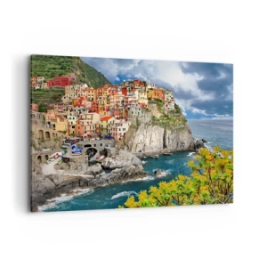 Quadro su tela - Stampe su Tela - Case colorate su una scogliera a picco sul mare nelle Cinque Terre - 120x80cm - Aggrappate alla roccia - Decorazione murale moderna per soggiorno e camera da letto ARTTOR