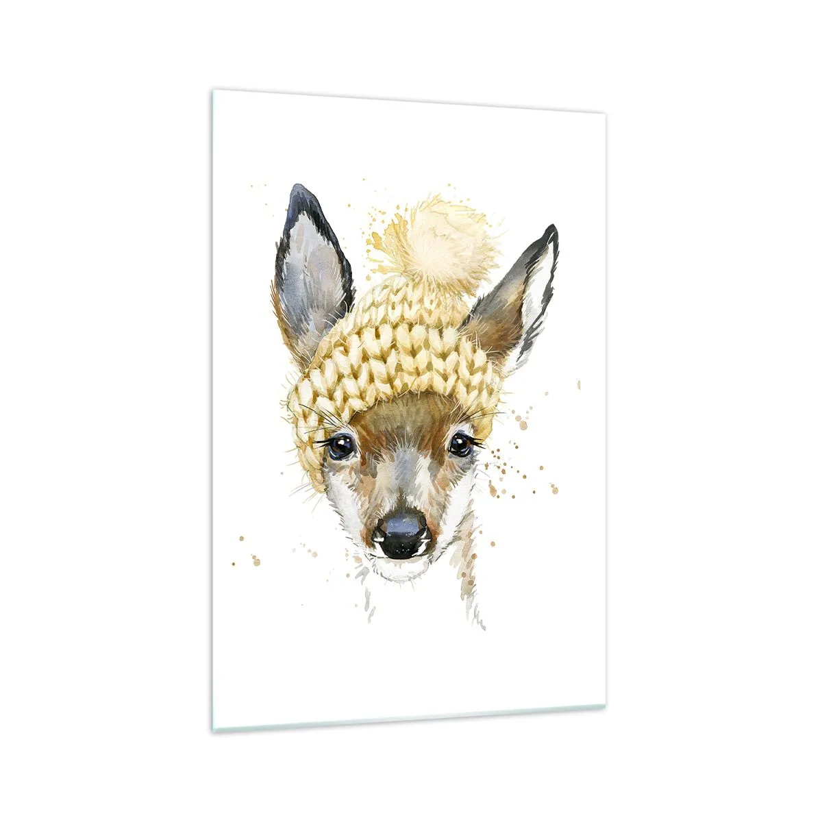 Quadro su vetro - Cervo acquerello con berretto giallo - 70x100cm - L'inverno nel bosco innevato - Decorazione murale moderna per soggiorno e camera da letto ARTTOR