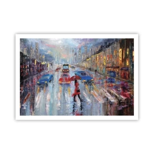 Poster - Una donna con un ombrello in una strada piovosa, illuminata dalle luci al neon. - 100x70cm - Pomeriggio di pioggia in città - Decorazione murale moderna per soggiorno e camera da letto ARTTOR