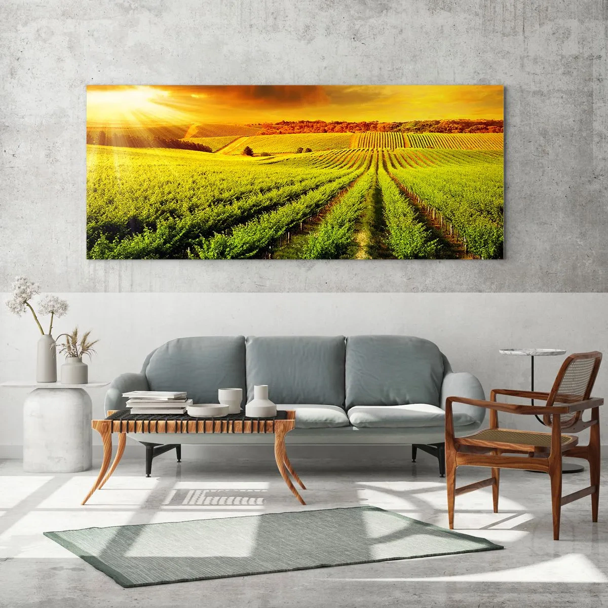 Quadro su vetro - Vigneti dorati illuminati dai raggi del sole - 140x50cm - Sotto il sole dell'Australia - Decorazione murale moderna per soggiorno e camera da letto ARTTOR