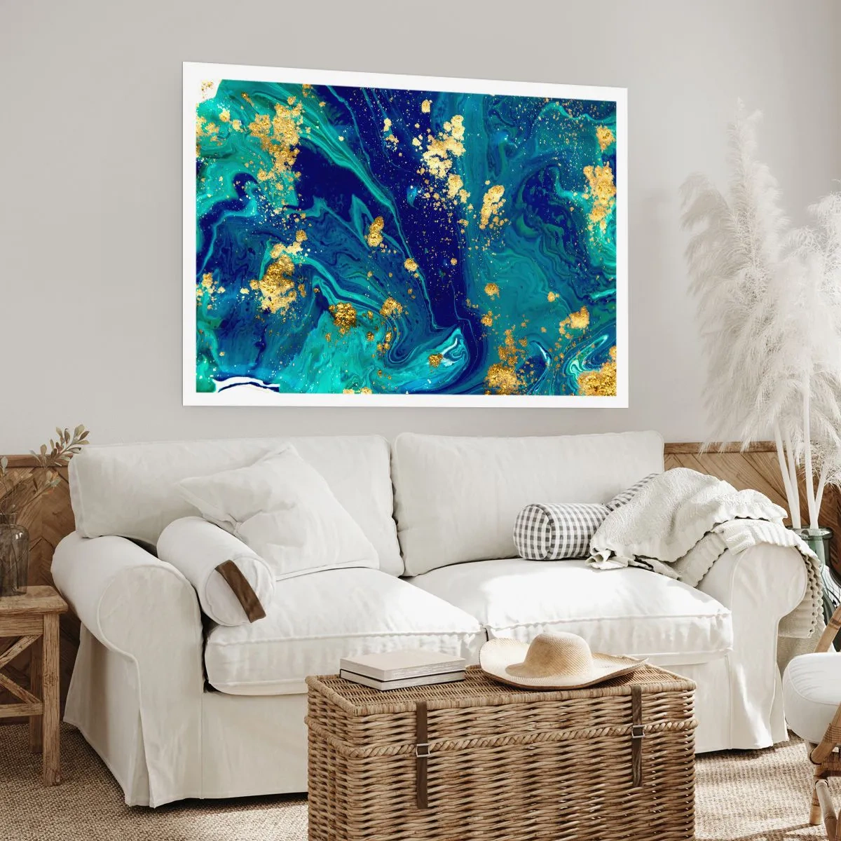 Poster - Una composizione astratta con accenti blu, verdi e dorati. - 100x70cm - Petali di sole - Decorazione murale moderna per soggiorno e camera da letto ARTTOR