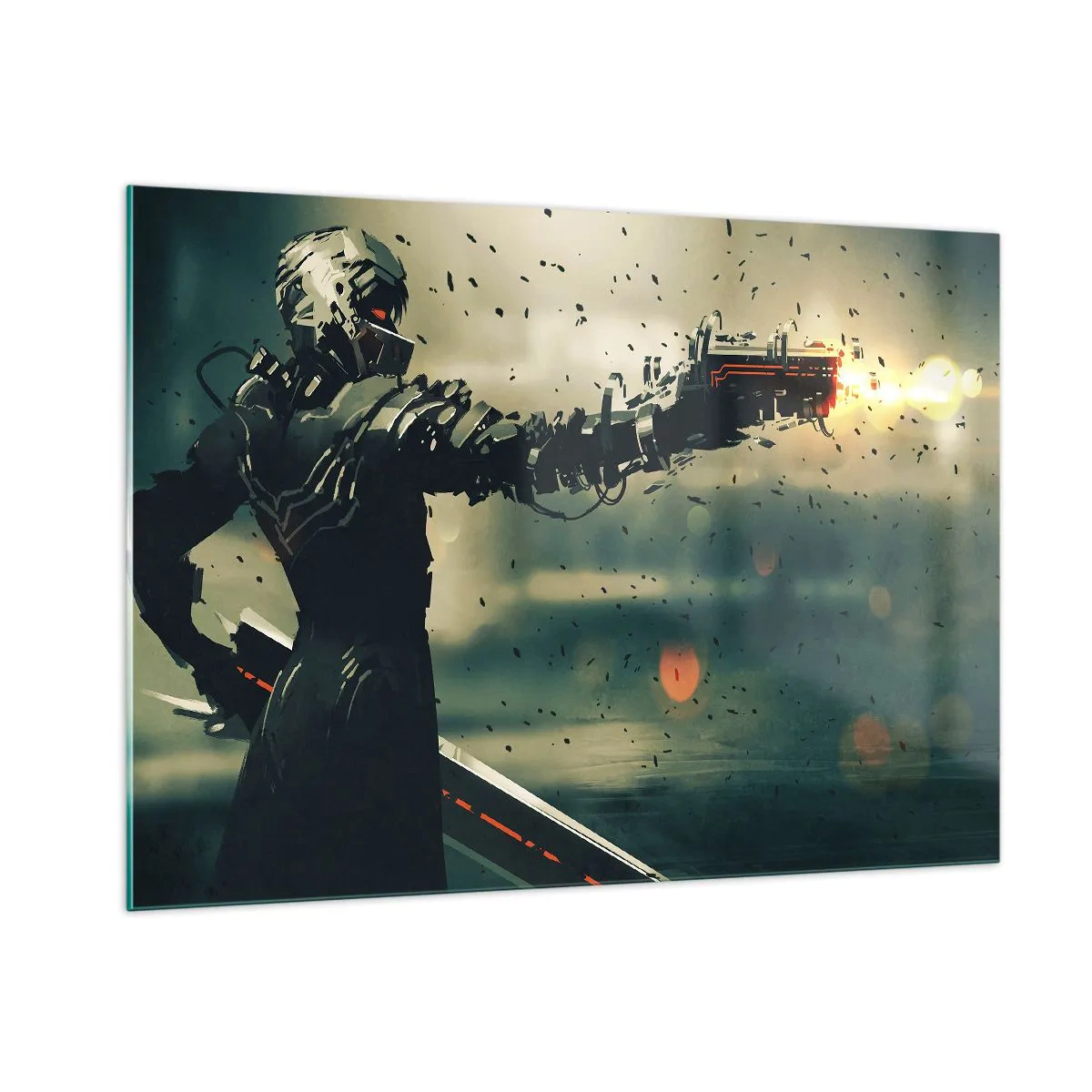 Quadro su vetro - Un cyberguerriero in stile futuristico con armi energetiche - 100x70cm - L'arma assassina: il tuo Terminator - Decorazione murale moderna per soggiorno e camera da letto ARTTOR