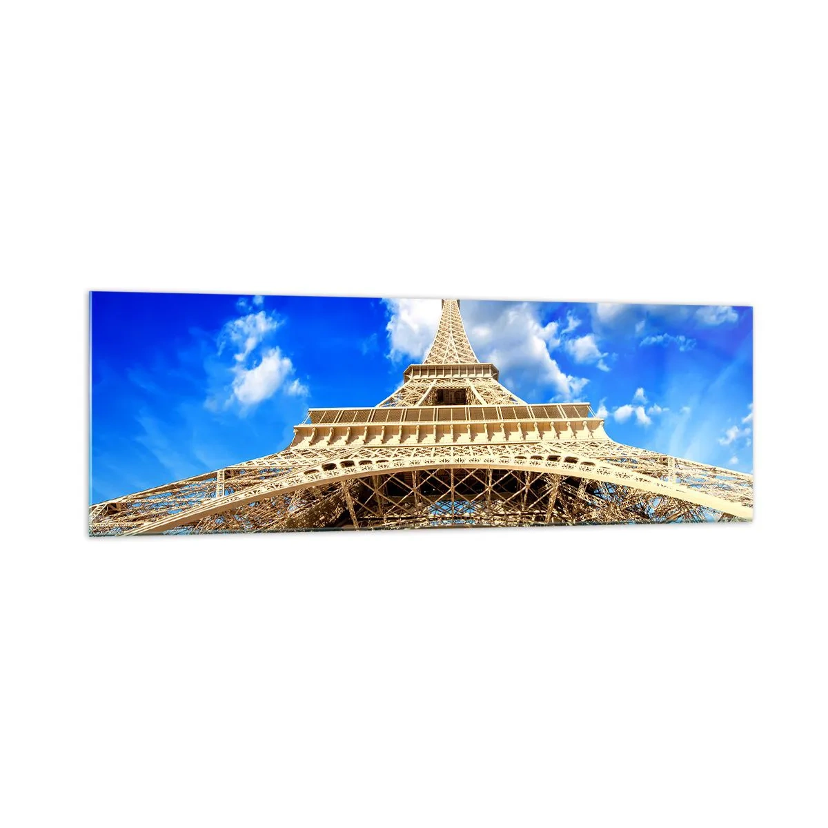Quadro su vetro - La Torre Eiffel dal basso contro un cielo blu - 160x50cm - Toccare il cielo e le nuvole - Decorazione murale moderna per soggiorno e camera da letto ARTTOR