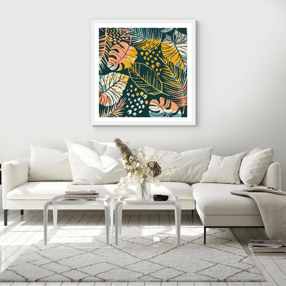 Poster in cornice bianca - Fantasia di foglie - 30x30 cm