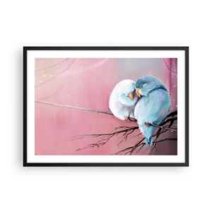 Poster in cornice nera - Due uccelli innamorati su un ramo su uno sfondo rosa - 70x50cm - Che cosa aggiungere? - Decorazione murale moderna per soggiorno e camera da letto ARTTOR