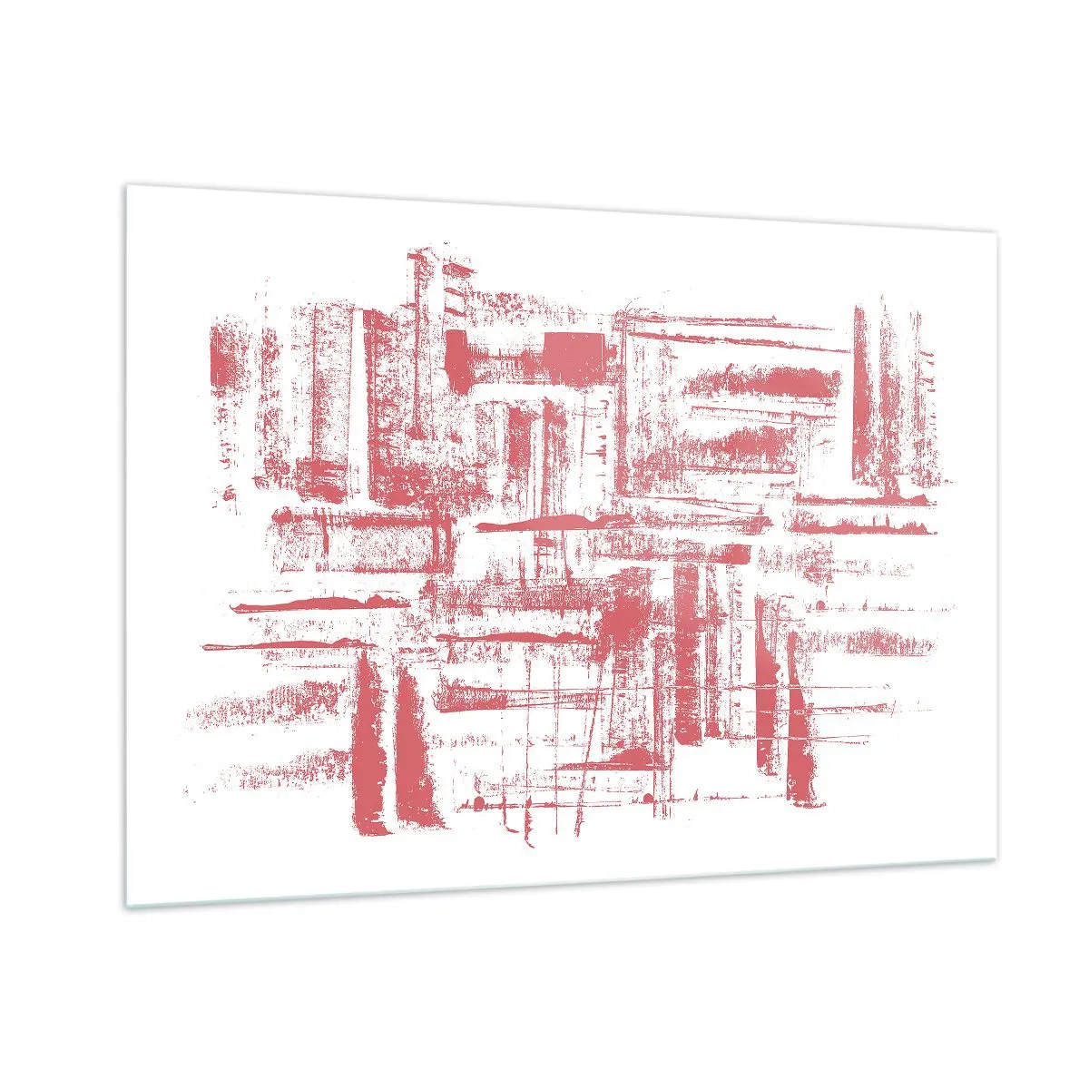 Quadro su vetro - Una composizione astratta in rosso che ricorda il contorno dell'architettura urbana. - 100x70cm - Città rossa - Decorazione murale moderna per soggiorno e camera da letto ARTTOR