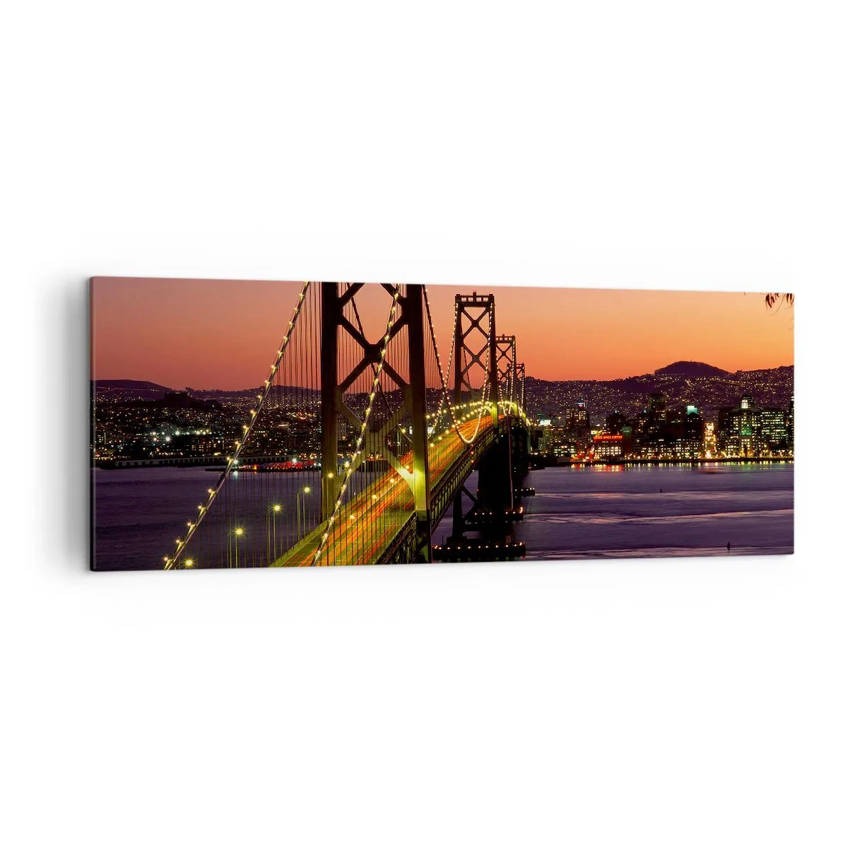 Quadro su tela - Stampe su Tela - Un ponte illuminato di notte sull'acqua con vista panoramica sulla città - 140x50cm - Serata in viola - Decorazione murale moderna per soggiorno e camera da letto ARTTOR