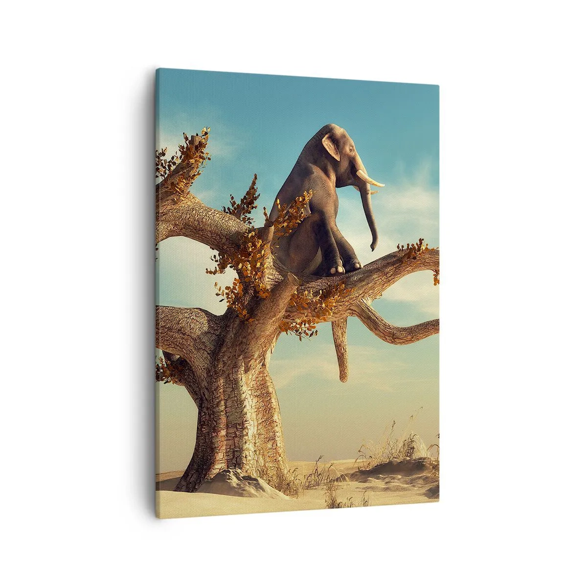 Quadro su tela - Stampe su Tela - Un elefante seduto su un albero in un paesaggio surreale - 50x70cm - Nuovo punto di vista - Decorazione murale moderna per soggiorno e camera da letto ARTTOR